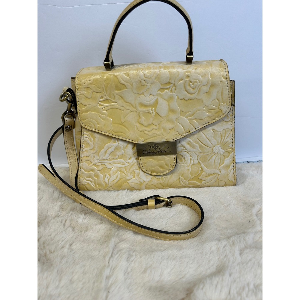 Patricia Nash‎ Cream Floral Embossed Leather Crossbody Satchel Bag Top Handle